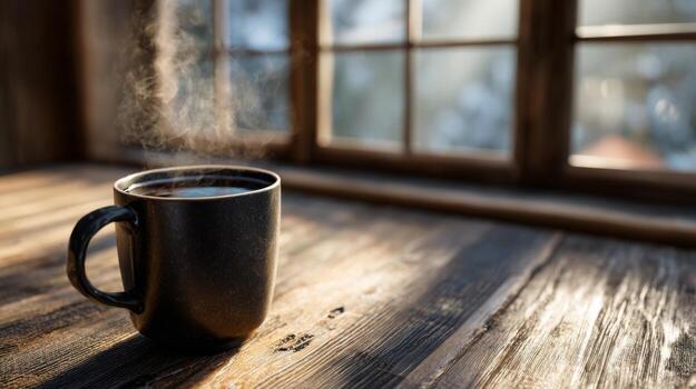 A steaming black coffee mug resting on a rustic wooden table by a cozy window with soft sunlight pouring in. photo