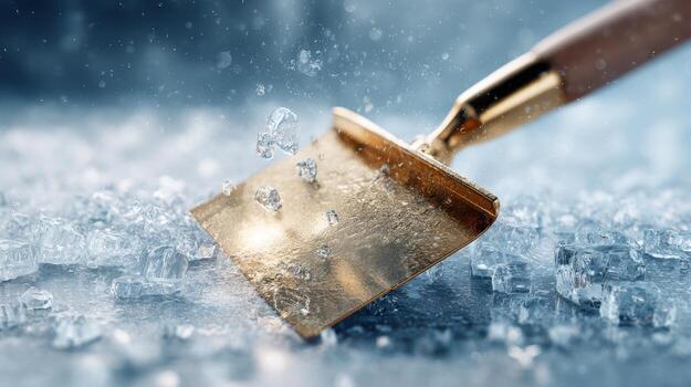 A close-up of a gold shovel scraping ice, creating a splash of ice particles, evoking a cold, refreshing atmosphere. photo