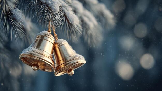 Two golden bells adorned with snow hang delicately from a pine branch, capturing the essence of winter magic. photo