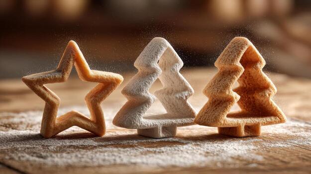 Three festive cookie cutters in the shapes of a star and two Christmas trees, dusted with flour on a wooden surface. photo