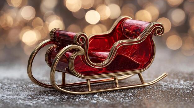 un maravilloso rojo y oro decorativo trineo, esmeradamente diseñado, descansando en un Nevado superficie con un hermosa bokeh antecedentes. foto
