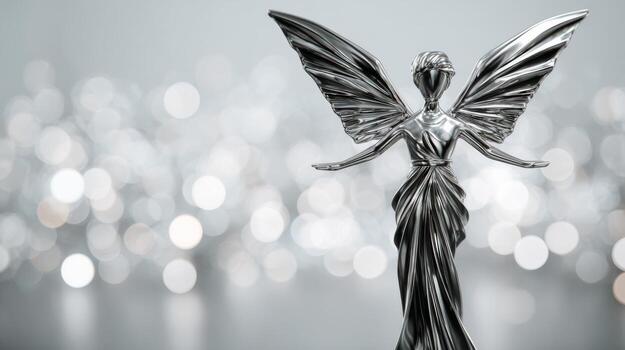 A stunning silver angel statue with delicate wings, exuding elegance against a shimmering bokeh background. photo