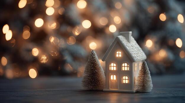 A cozy white ceramic house with lit windows, surrounded by tiny evergreen trees, set against a softly glowing bokeh background. photo