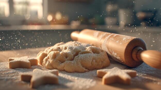 A warm scene of fresh cookie dough on a wooden surface, surrounded by flour-dusted star-shaped cookies and a rolling pin. photo