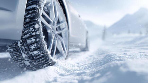 Close-up of a car tire on snowy terrain, showcasing detailed tread patterns in a winter landscape. photo