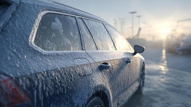 un de cerca de un escarchado azul coche a amanecer, exhibiendo intrincado hielo patrones en el ventanas y un resplandeciente atmósfera. foto