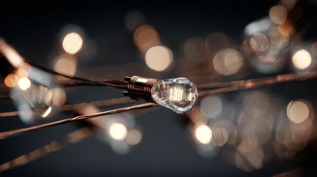 A close-up of vintage-style light bulbs glowing warmly against a blurred backdrop, creating a cozy and inviting atmosphere. photo