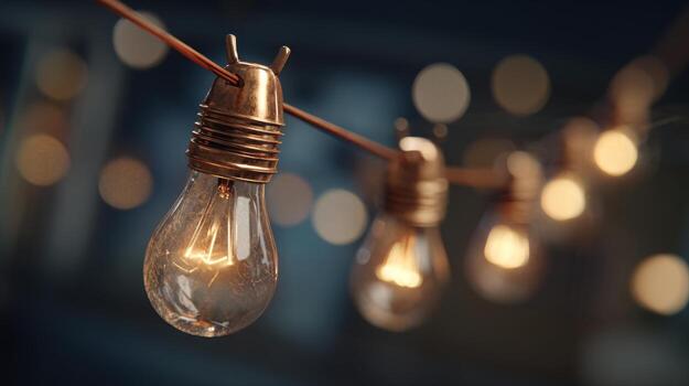 Warm retro string lights create a cozy ambiance in a soft-focused setting, ideal for evening gatherings. photo