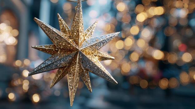 A shimmering star ornament in gold and silver hangs against a dreamy, bokeh-filled backdrop, embodying festive elegance and warmth. photo