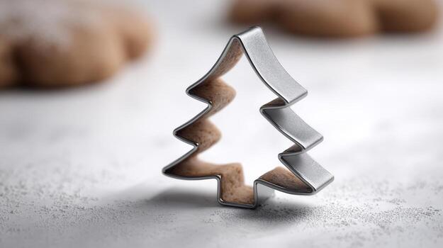 A silver metal cookie cutter in the shape of a Christmas tree rests on a marble surface, surrounded by freshly baked cookies. photo