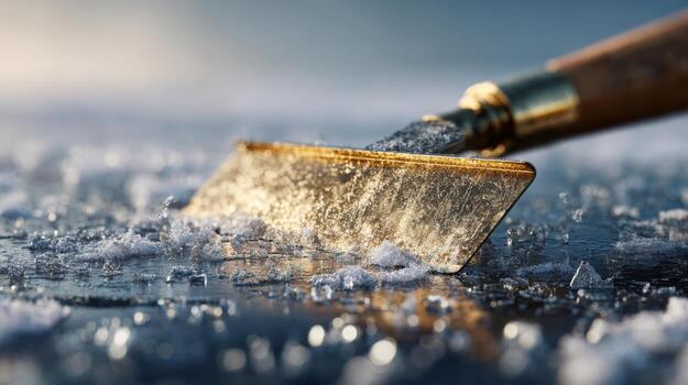 de cerca de un metal hielo raspador en un escarchado superficie, capturar el invierno frío y espumoso cristales foto