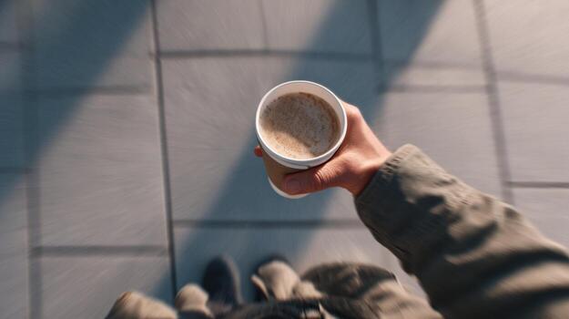 A close-up view of a hand holding a coffee cup while walking on a city sidewalk. photo