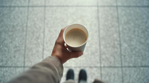 A person's hand holding a coffee cup above a tiled floor, dressed in neutral colors creating a calm and serene atmosphere. photo