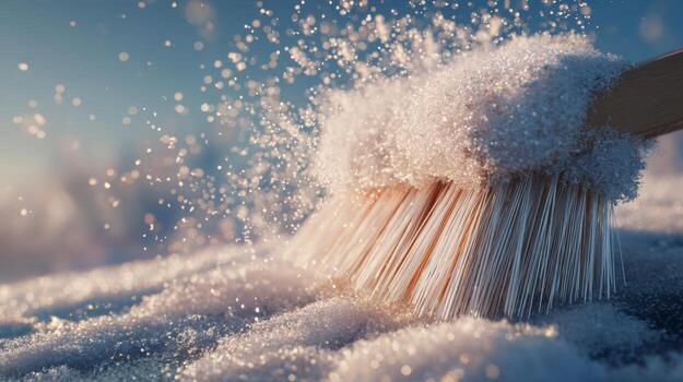 A close-up of a broom sweeping snow, capturing the soft, glistening flakes in a magical winter scene. photo
