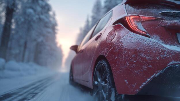 A red car navigating a snowy road, showcasing its sleek design in a winter wonderland setting. photo
