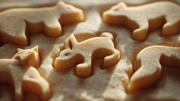 Close-up of playful animal-shaped cookie dough, featuring bears and foxes in a warm, inviting light. photo