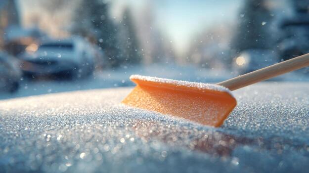 A close-up of an orange snow shovel scraping frost from a car hood, capturing the cold essence of winter. photo