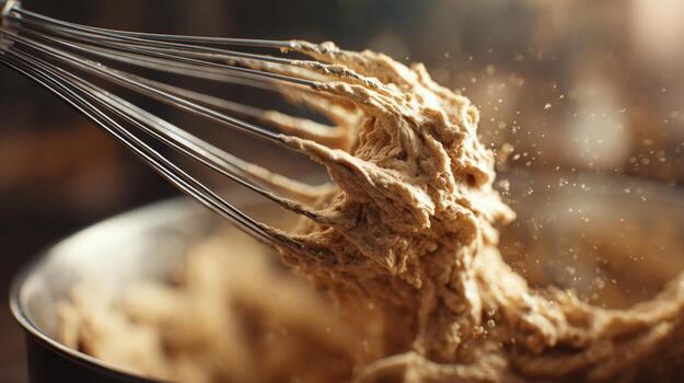 A close-up of a whisk mixing thick cookie dough, captured in a warm kitchen setting with a soft focus background. photo