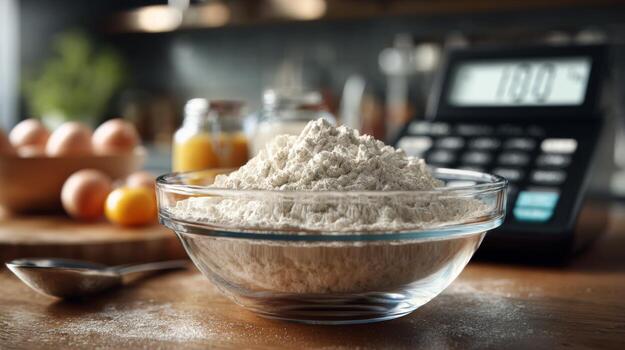 Close-up of a glass bowl filled with flour, surrounded by eggs and cooking tools, capturing a warm, inviting kitchen atmosphere. photo