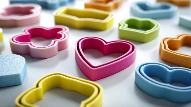 A colorful array of cookie cutters in various shapes including hearts and flowers, perfect for baking enthusiasts. photo