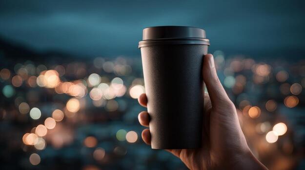 un mano sostiene un pulcro negro café taza en contra un borroso paisaje urbano antecedentes lleno con suave bokeh luces. foto