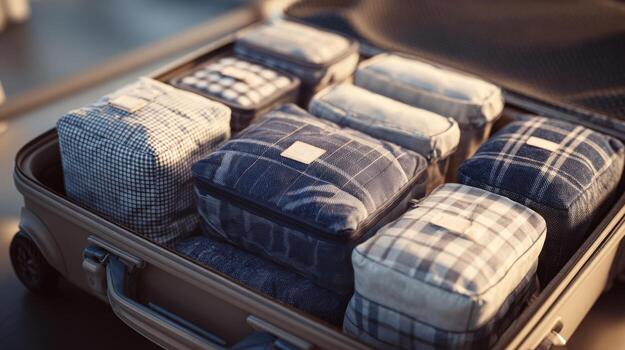 A neatly packed suitcase filled with various plaid-patterned travel organizers, perfect for efficient packing. photo