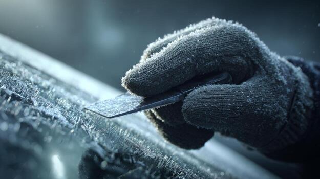 A gloved hand scraping frost off a car windshield in a cold winter morning. photo