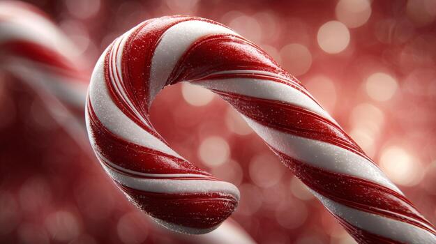 Close-up of a festive red and white candy cane against a blurred red background, capturing the essence of holiday cheer. photo