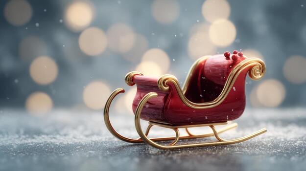 un festivo rojo y oro Navidad trineo adornado con acebo, conjunto en contra un soñador, lleno de nieve antecedentes con suave bokeh luces. foto