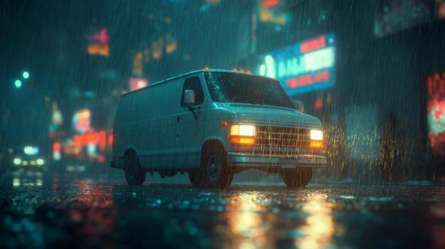 A white delivery van parked under neon lights in the pouring rain, creating a moody, atmospheric scene. photo