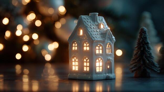 A charming ceramic house illuminated from within, surrounded by a festive bokeh backdrop and soft tree decorations. photo