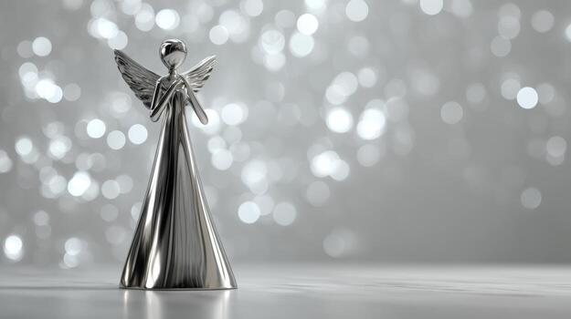 A silver angel figurine stands elegantly against a shimmering bokeh backdrop, embodying grace and serenity. photo