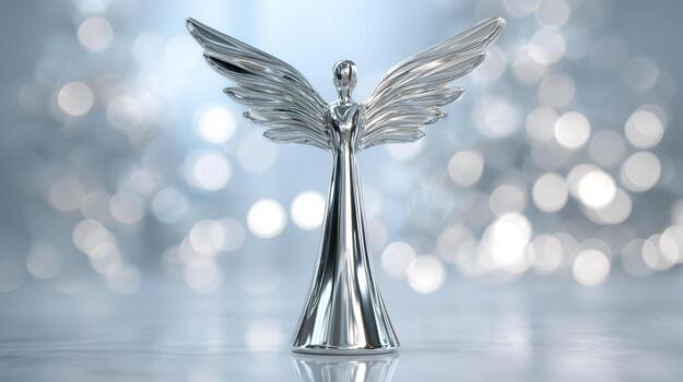 A stunning silver angel figurine with delicate wings, set against a soft, bokeh background, exuding a serene and ethereal mood. photo