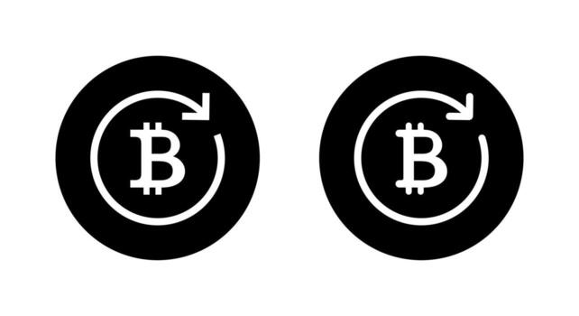 Bitcoin circular arrow icon in black circle. Cryptocurrency circular arrows symbol. Digital currency rotation sign vector