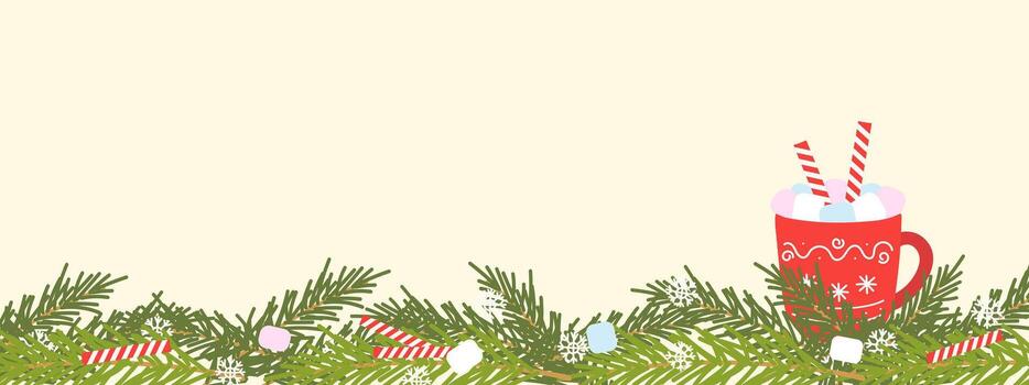 Christmas banner with fir tree branches and red mug of hot cocoa with marshmallows and wafer rolls , New Years , empty space for insertion. vector
