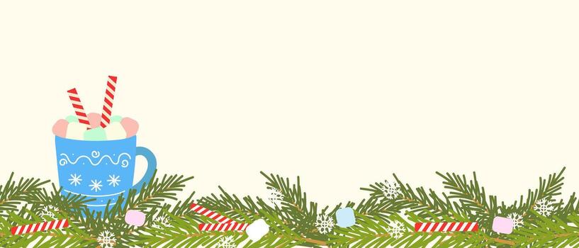 Christmas banner with fir tree branches and blue mug of hot cocoa with marshmallows and wafer rolls , New Years , empty space for insertion. vector