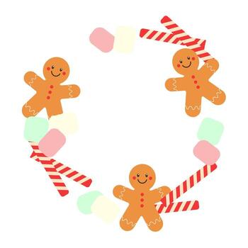 Christmas round frame with wreath of gingerbread and marshmallows, empty space for an insert, an element of festive winter design. Isolated on white background. vector