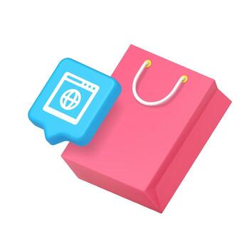 3d Realistic Icon Of Shopping Bag With Internet Symbol In Colorful Isometric Style vector