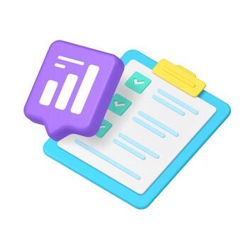 3d Realistic Icon Of Bright Task List With Blue Bubble And Data Analysis Chart For Business Apps vector