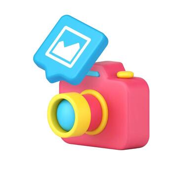 3d Realistic Icon Of Pink Camera With Blue Photo Bubble For Gallery App Interface Design vector
