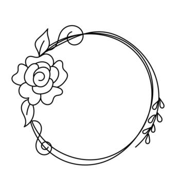 circular floral frame black line art with large rose flower with leaves on the left side connected to elegant looping vines vector