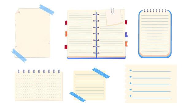 Notes sheet, bulletin paper, lined list set, notebook office or school blank notebook for homework and exercises. Sticky stickers reminders, notebook clippings, stationery, planner, vector