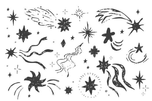 estrella conjunto Chispa - chispear lápiz de color costoso que cae estrellas texturizado mano dibujado bosquejo. sencillo tiza festivo brillante espacio elementos, festivo luces vector
