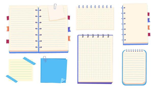 Bulletin paper Notes sheet, pages. lined list set, notebook office or school blank notebook for homework and exercises. Sticky stickers reminders, notebook clippings, stationery, planner, vector