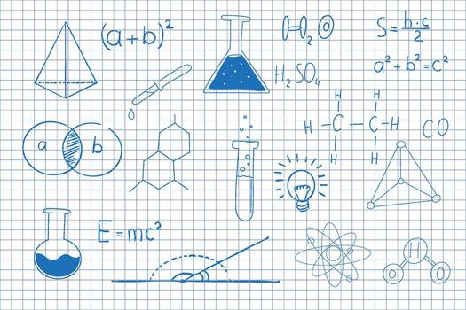 Science symbols formulas on notebook page background. Sketch symbols mathematical equations, schemes geometry shapes. vector
