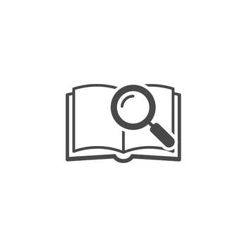 Research and investigation icon with a magnifying glass over an open book vector