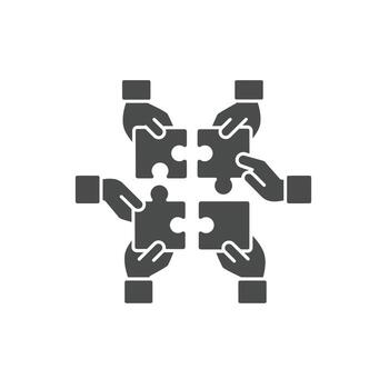 Multiple hands holding puzzle pieces solid icon for teamwork collaboration and solutions vector