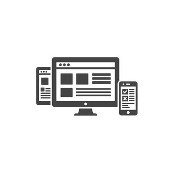 A computer, phone and tablet are shown in a flat design vector