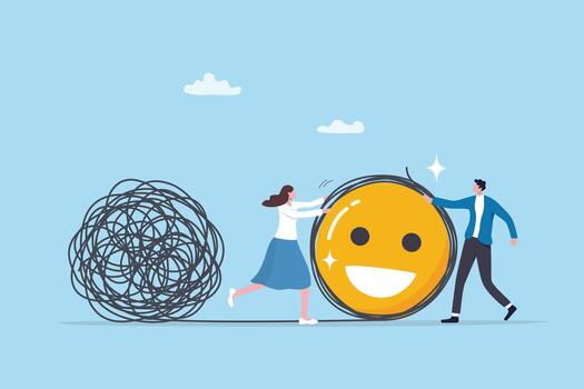 Solving anxiety problem, uncertainty or messy chaos problem, help overcome difficulty, trouble or confusion, complexity knot, people help detached or solve messy chaos line to be simple smiling face. vector