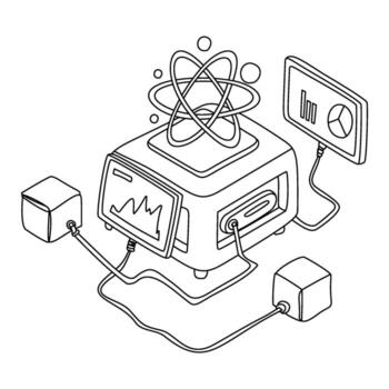 isométrica Ciencias máquina con átomo, grafico, y datos cubitos en negro y blanco vector